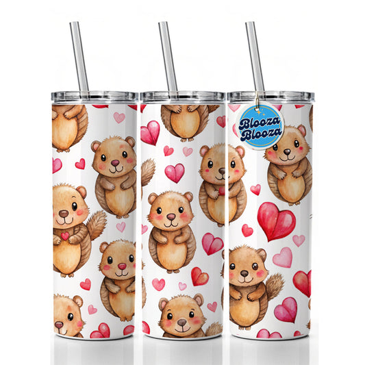 Cute Beavers Hearts Watercolor Skinny Tumbler 20oz with Straw Insulated Water Bottle Gift