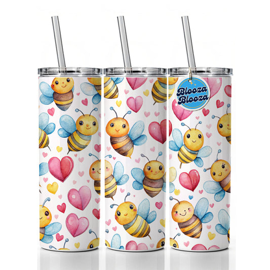 Cute Bees Hearts Watercolor Skinny Tumbler 20oz with Straw Insulated Water Bottle Gift