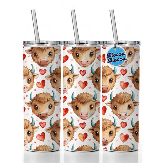 Cute Bison Faces Hearts Watercolor Skinny Tumbler 20oz with Straw Insulated Water Bottle Gift