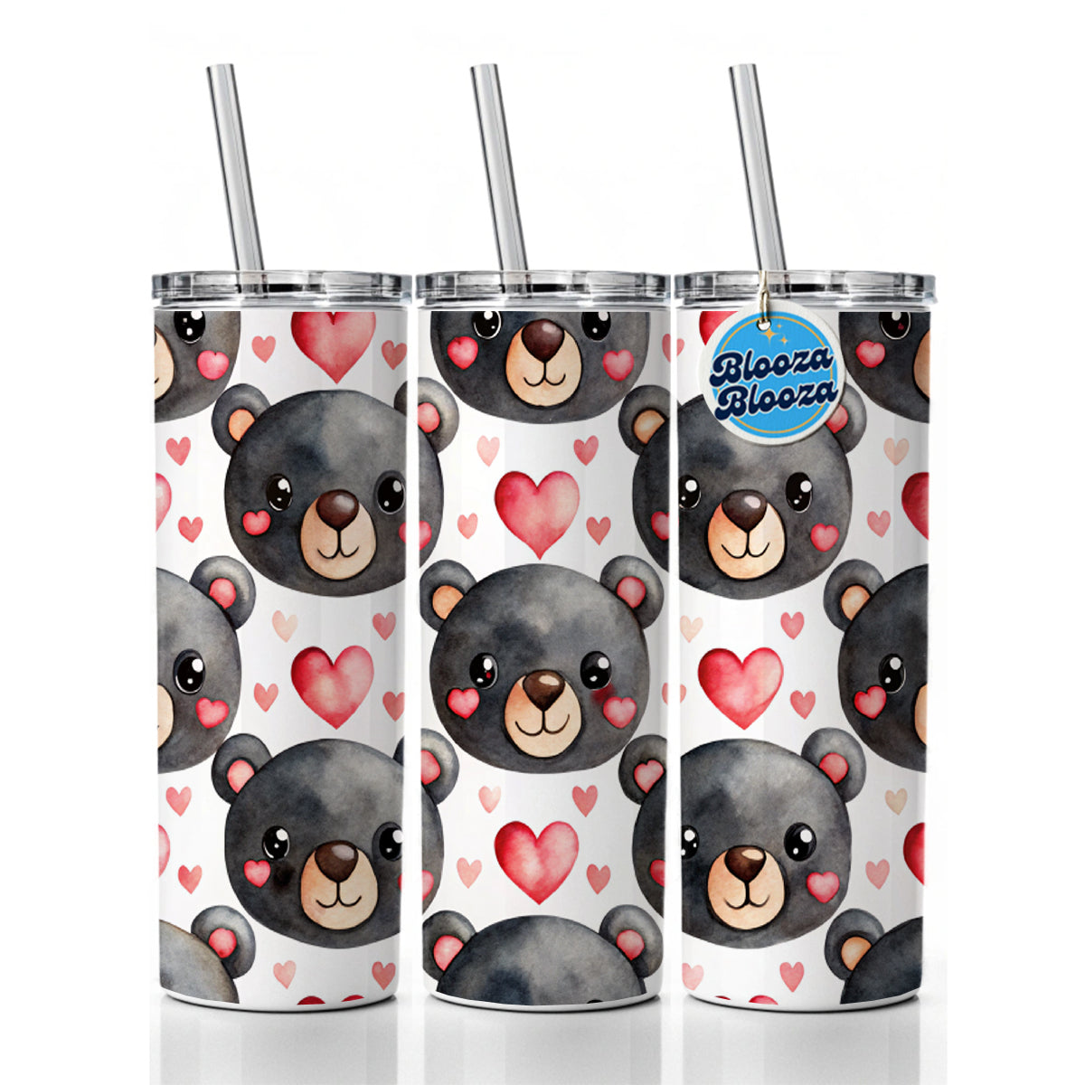 Cute Black Bear Faces Hearts Skinny Tumbler 20oz with Straw Insulated Water Bottle Gift
