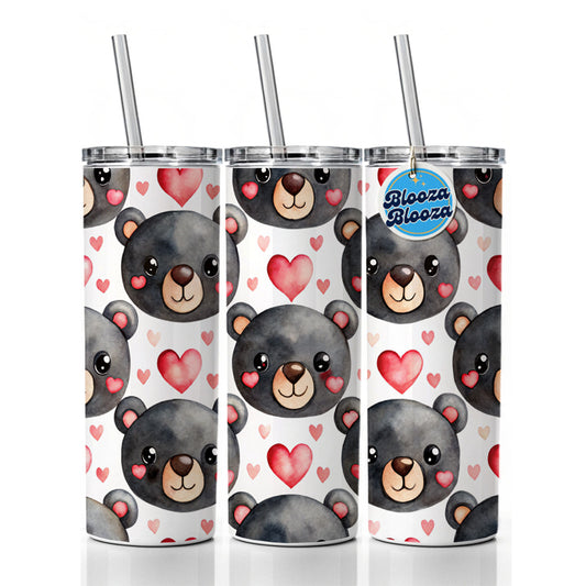 Cute Black Bear Faces Hearts Skinny Tumbler 20oz with Straw Insulated Water Bottle Gift
