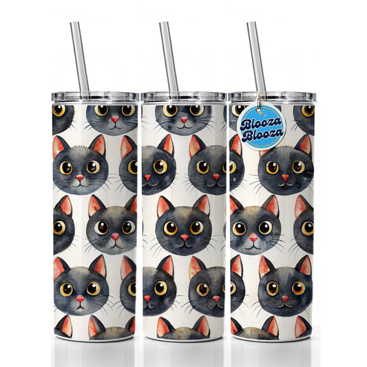 Cute Black Cat Faces Watercolor Skinny Tumbler 20oz with Straw Insulated Water Bottle Gift