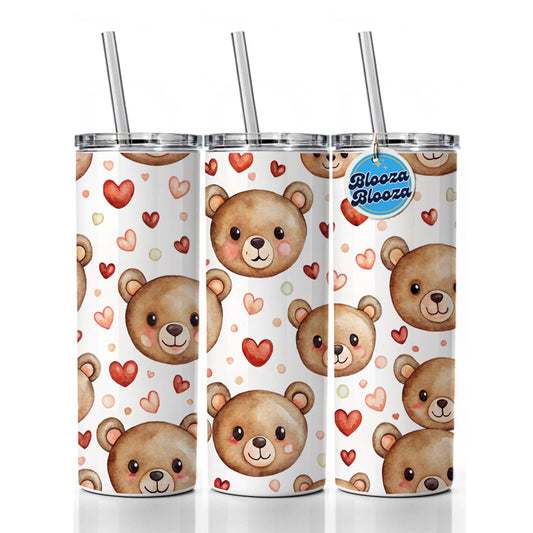 Cute Brown Bear Faces Hearts Skinny Tumbler 20oz with Straw Insulated Water Bottle Gift