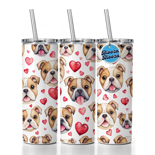 Cute Bulldog Dog Faces Hearts Skinny Tumbler 20oz with Straw Insulated Water Bottle Gift