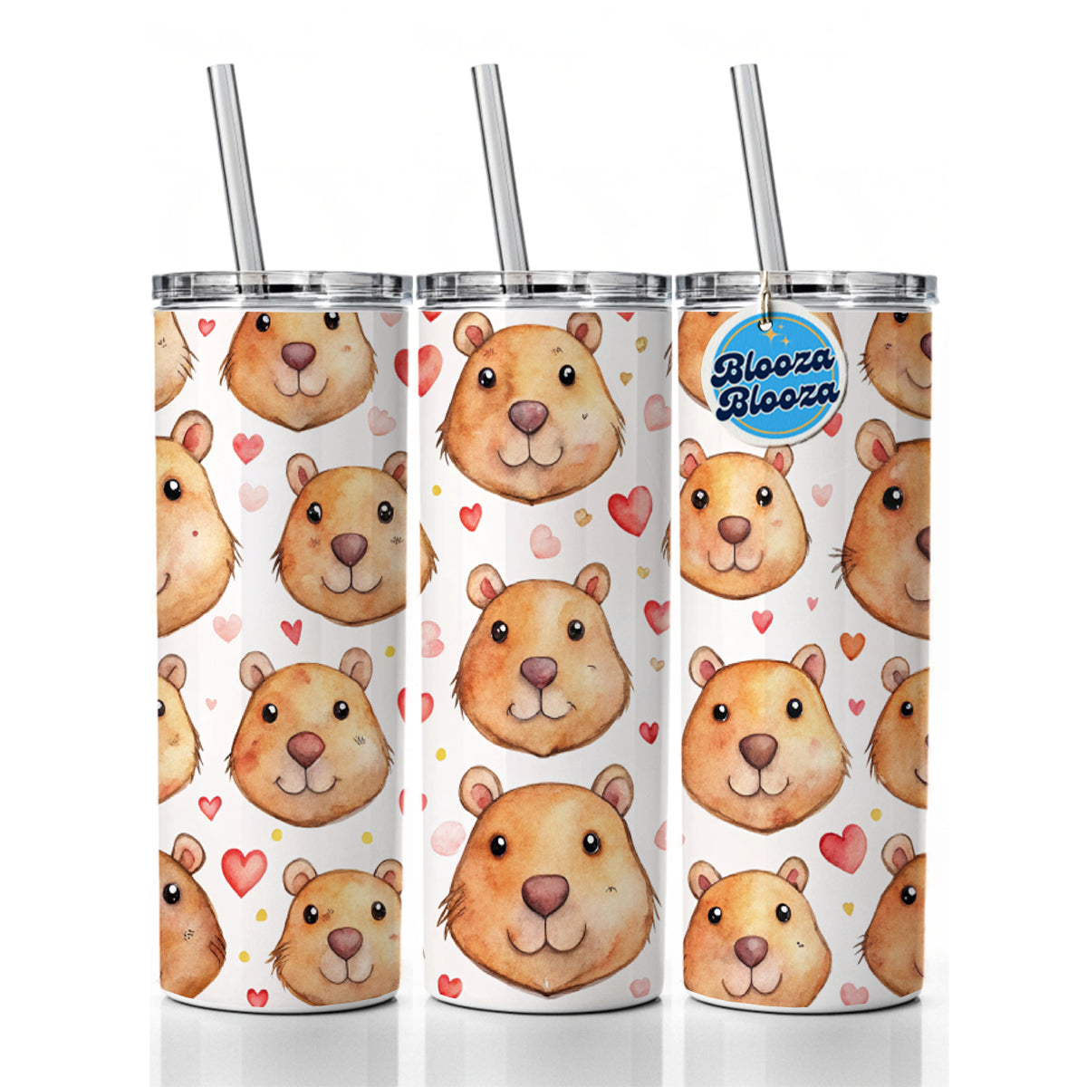Cute Capybara Faces Hearts Skinny Tumbler 20oz with Straw Insulated Water Bottle Gift