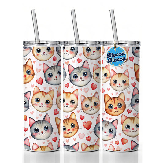 Cute Cat Faces Hearts Watercolor Skinny Tumbler 20oz with Straw Insulated Water Bottle Gift
