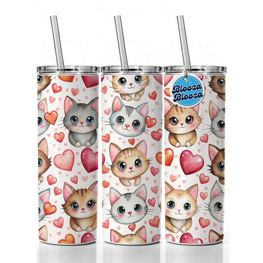 Cute Cats Hearts Watercolor Skinny Tumbler 20oz with Straw Insulated Water Bottle Gift