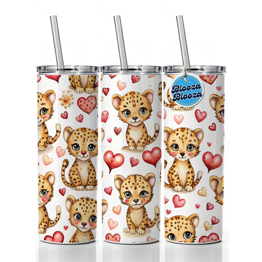 Cute Cheetahs Hearts Watercolor Skinny Tumbler 20oz with Straw Insulated Water Bottle Gift