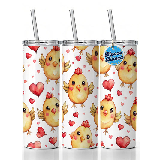 Cute Chickens Hearts Watercolor Skinny Tumbler 20oz with Straw Insulated Water Bottle Gift