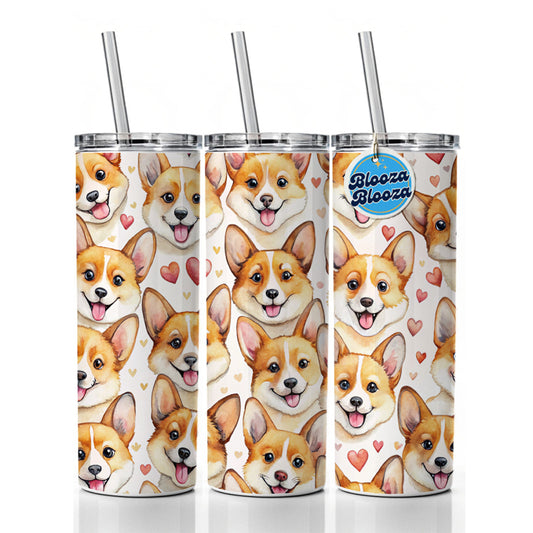 Cute Corgi Dog Faces Hearts Skinny Tumbler 20oz with Straw Insulated Water Bottle Gift