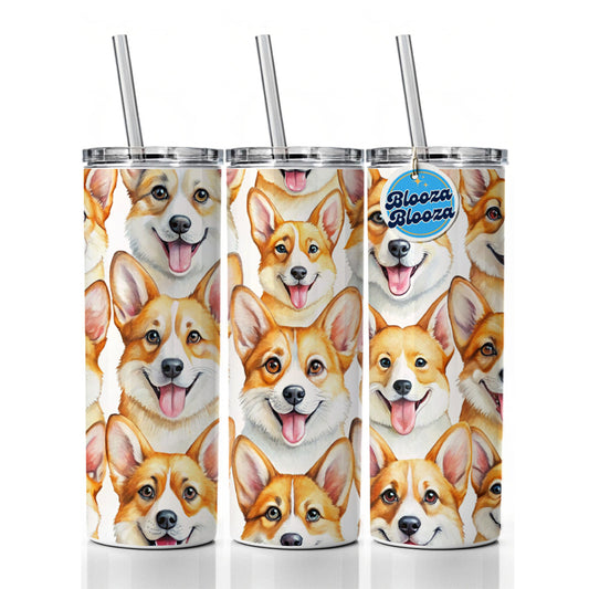 Cute Corgi Dog Faces Watercolor Skinny Tumbler 20oz with Straw Insulated Water Bottle Gift
