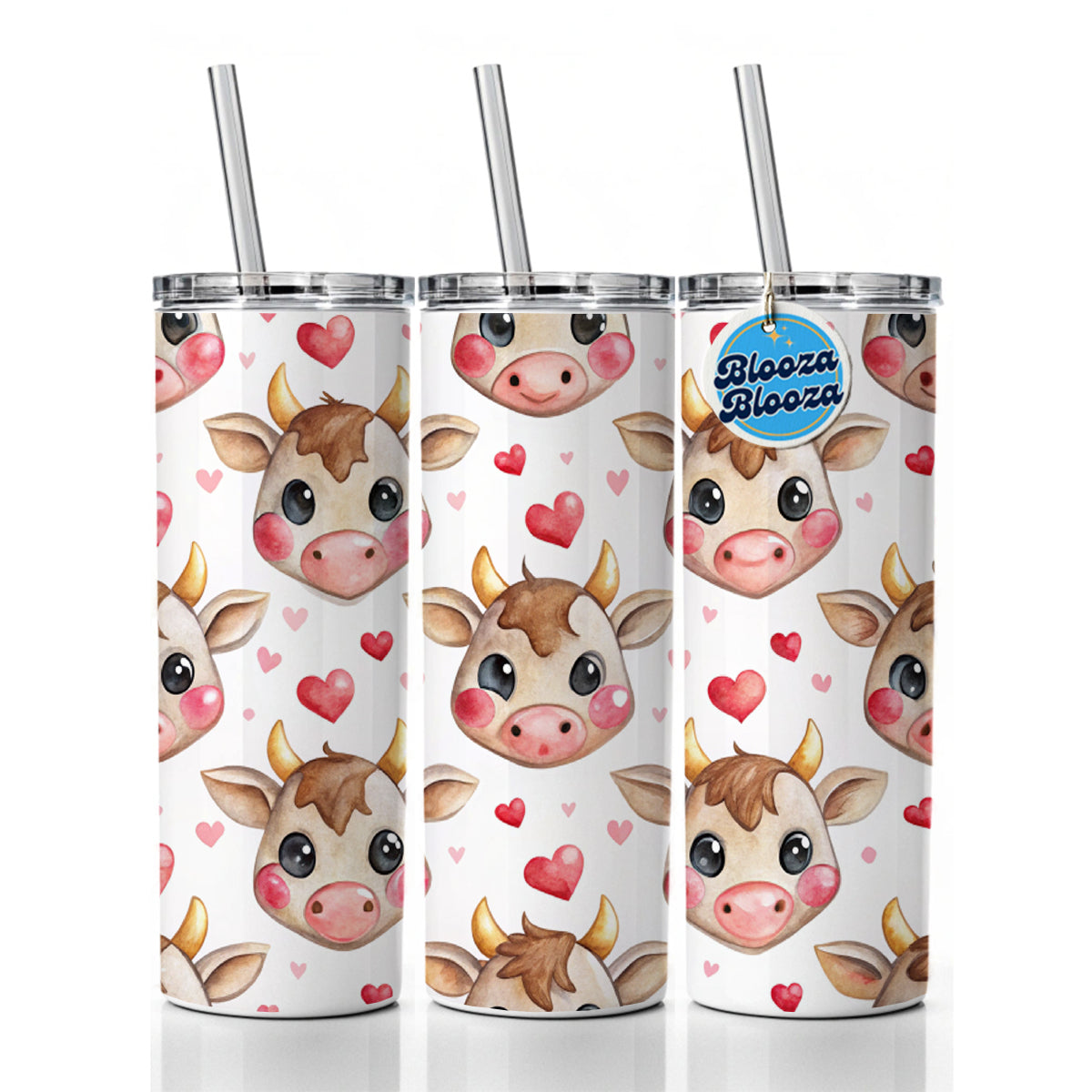 Cute Cow Faces Hearts Watercolor Skinny Tumbler 20oz with Straw Insulated Water Bottle Gift