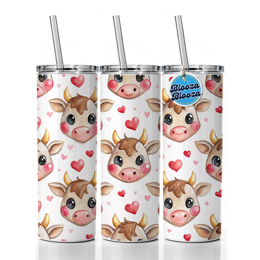Cute Cow Faces Hearts Watercolor Skinny Tumbler 20oz with Straw Insulated Water Bottle Gift