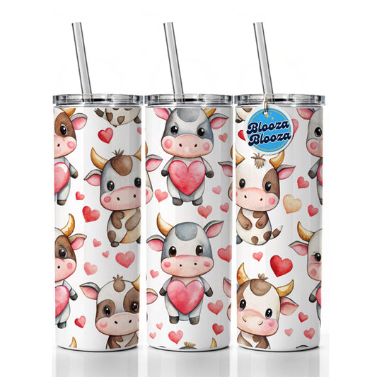 Cute Cows Hearts Watercolor Skinny Tumbler 20oz with Straw Insulated Water Bottle Gift