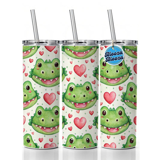 Cute Crocodile Alligator Faces Hearts Skinny Tumbler 20oz with Straw Insulated Water Bottle Gift