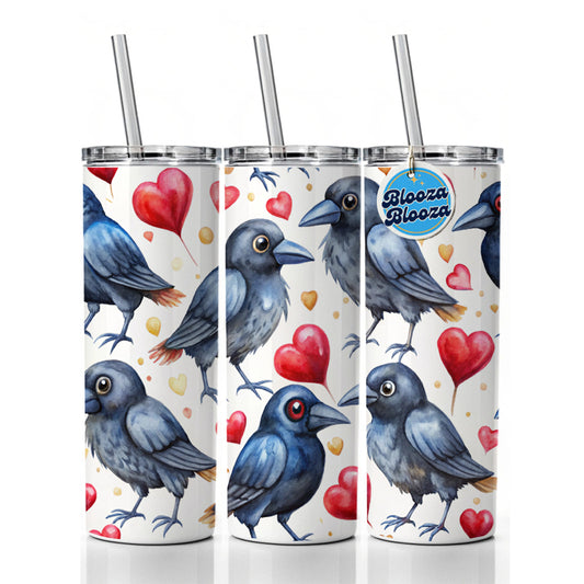 Cute Crows Hearts Watercolor Skinny Tumbler 20oz with Straw Insulated Water Bottle Gift