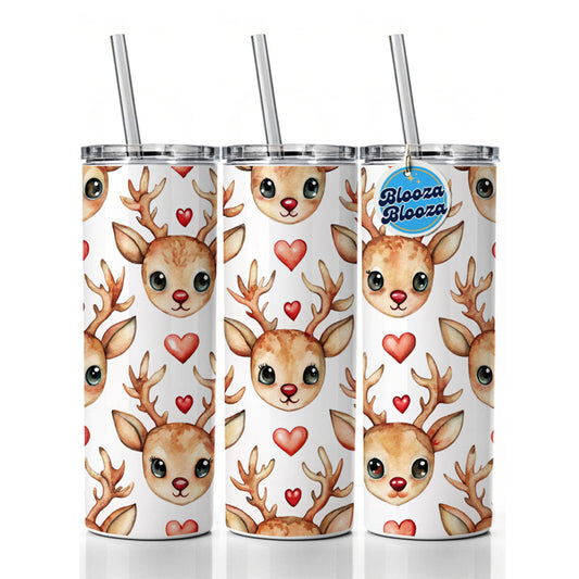 Cute Deer Faces Hearts Watercolor Skinny Tumbler 20oz with Straw Insulated Water Bottle Gift