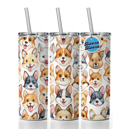 Cute Dog Faces Watercolor Skinny Tumbler 20oz with Straw Insulated Water Bottle Gift