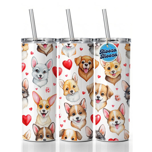 Cute Dogs Hearts Watercolor Skinny Tumbler 20oz with Straw Insulated Water Bottle Gift