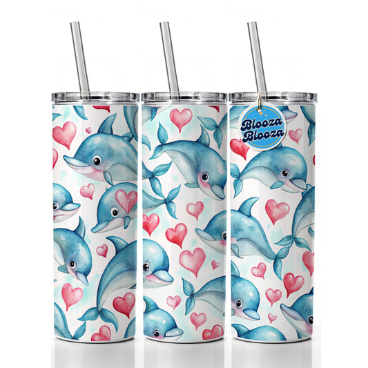 Cute Dolphin Faces Hearts Skinny Tumbler 20oz with Straw Insulated Water Bottle Gift