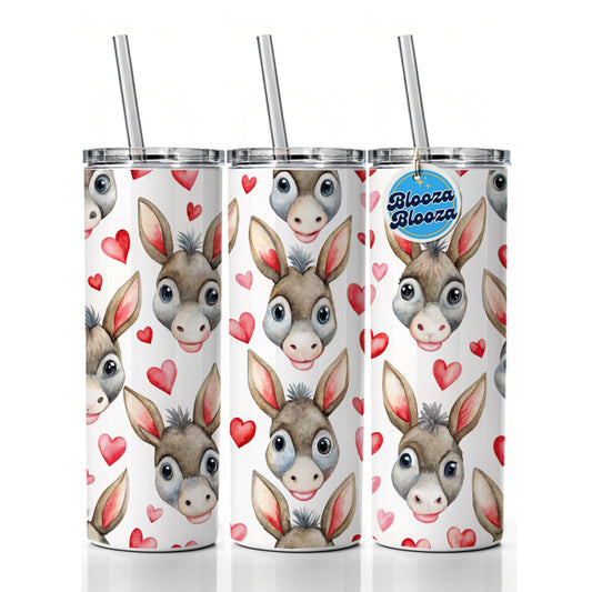 Cute Donkey Faces Hearts Watercolor Skinny Tumbler 20oz with Straw Insulated Water Bottle Gift