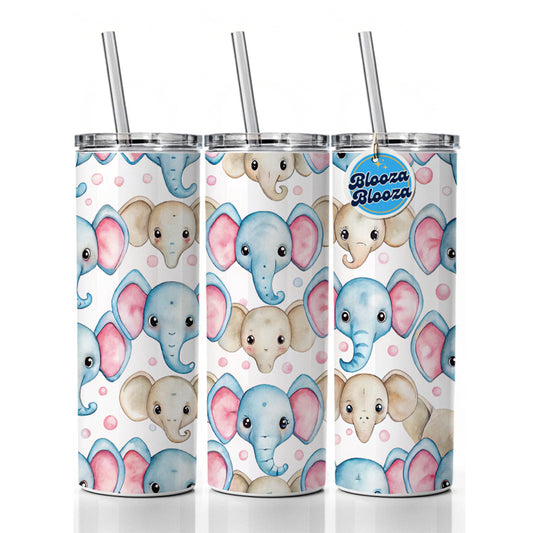Cute Elephant Faces Watercolor Skinny Tumbler 20oz with Straw Insulated Water Bottle Gift