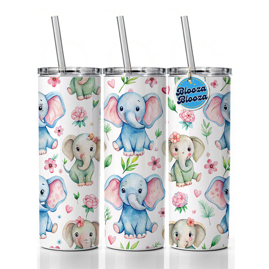 Cute Elephants Hearts Watercolor Skinny Tumbler 20oz with Straw Insulated Water Bottle Gift