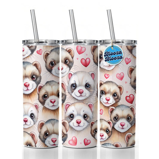 Cute Ferret Faces Hearts Watercolor Skinny Tumbler 20oz with Straw Insulated Water Bottle Gift