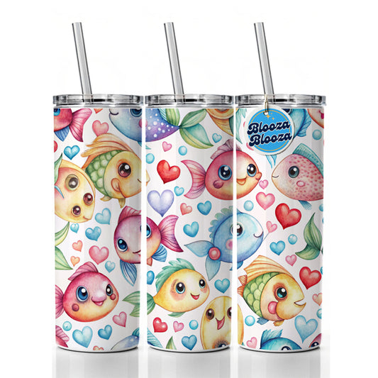 Cute Fish Faces Hearts Watercolor Skinny Tumbler 20oz with Straw Insulated Water Bottle Gift