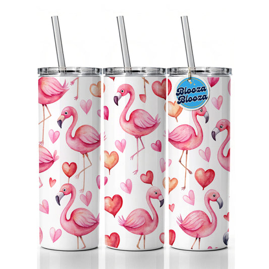 Cute Flamingos Hearts Watercolor Skinny Tumbler 20oz with Straw Insulated Water Bottle Gift