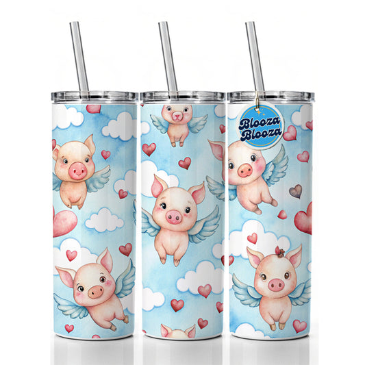 Cute Flying Pigs Hearts Watercolor Skinny Tumbler 20oz with Straw Insulated Water Bottle Gift