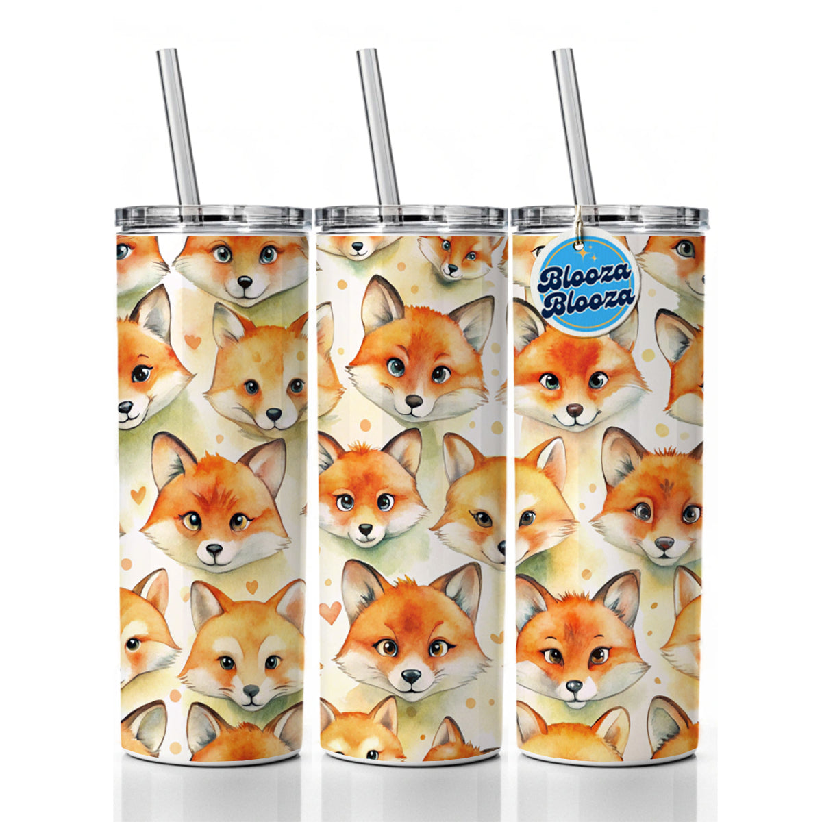 Cute Fox Faces Watercolor Skinny Tumbler 20oz with Straw Insulated Water Bottle Gift