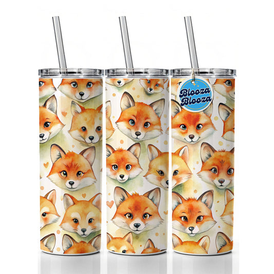 Cute Fox Faces Watercolor Skinny Tumbler 20oz with Straw Insulated Water Bottle Gift