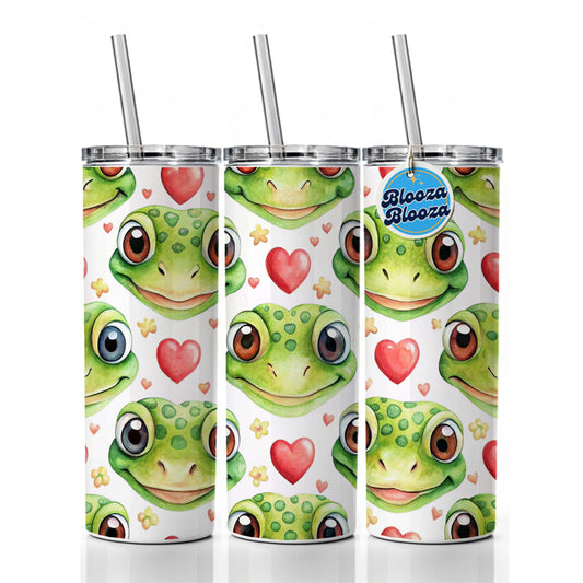 Cute Gecko Faces Hearts Watercolor Skinny Tumbler 20oz with Straw Insulated Water Bottle Gift