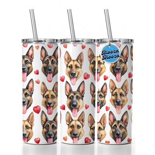 Cute German Shepherd Dog Faces Hearts Skinny Tumbler 20oz with Straw Insulated Water Bottle Gift