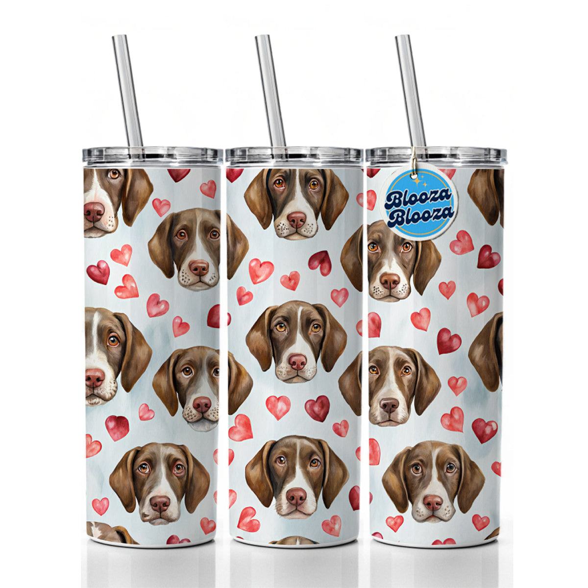 Cute German Shorthaired Pointer Dog Faces Hearts Skinny Tumbler 20oz with Straw Insulated Water Bottle Gift