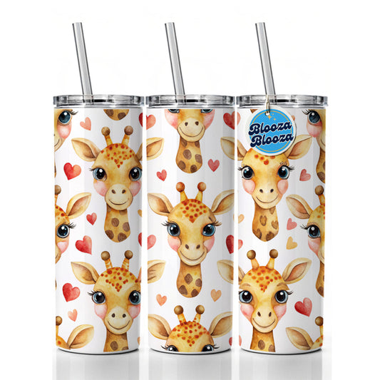 Cute Giraffe Faces Hearts Skinny Tumbler 20oz with Straw Insulated Water Bottle Gift
