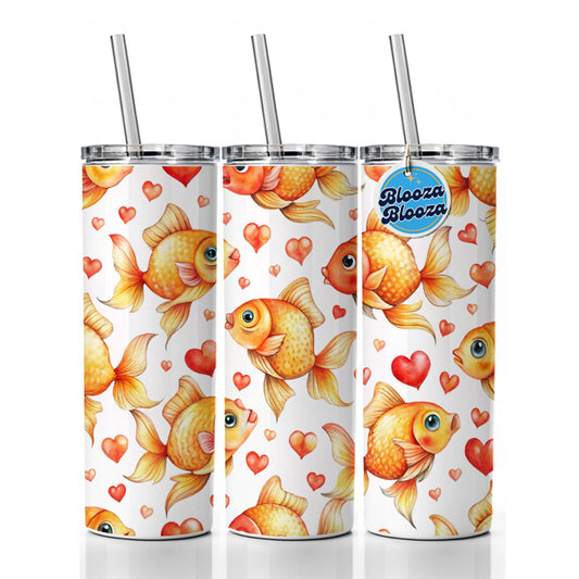 Cute Gold Fish Hearts Watercolor Skinny Tumbler 20oz with Straw Insulated Water Bottle Gift