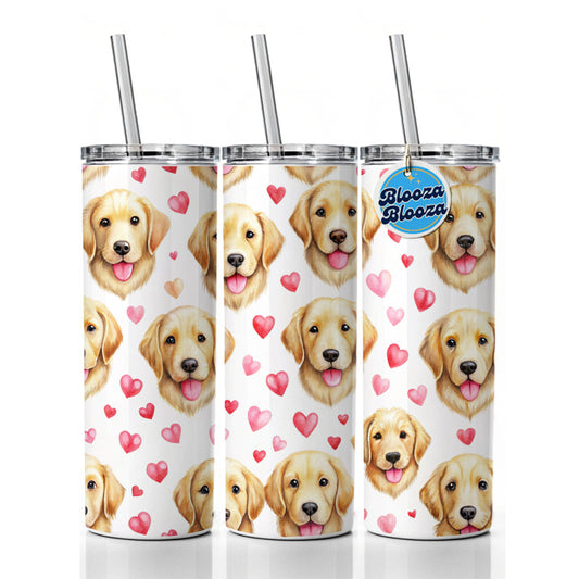 Cute Golden Retriever Dog Faces Hearts Skinny Tumbler 20oz with Straw Insulated Water Bottle Gift