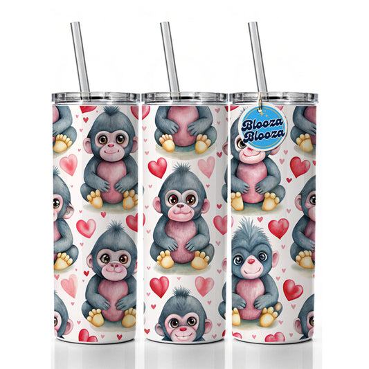 Cute Gorillas Hearts Watercolor Skinny Tumbler 20oz with Straw Insulated Water Bottle Gift