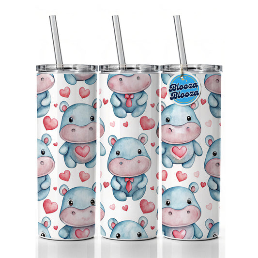 Cute Hippopotamus Hearts Watercolor Skinny Tumbler 20oz with Straw Insulated Water Bottle Gift
