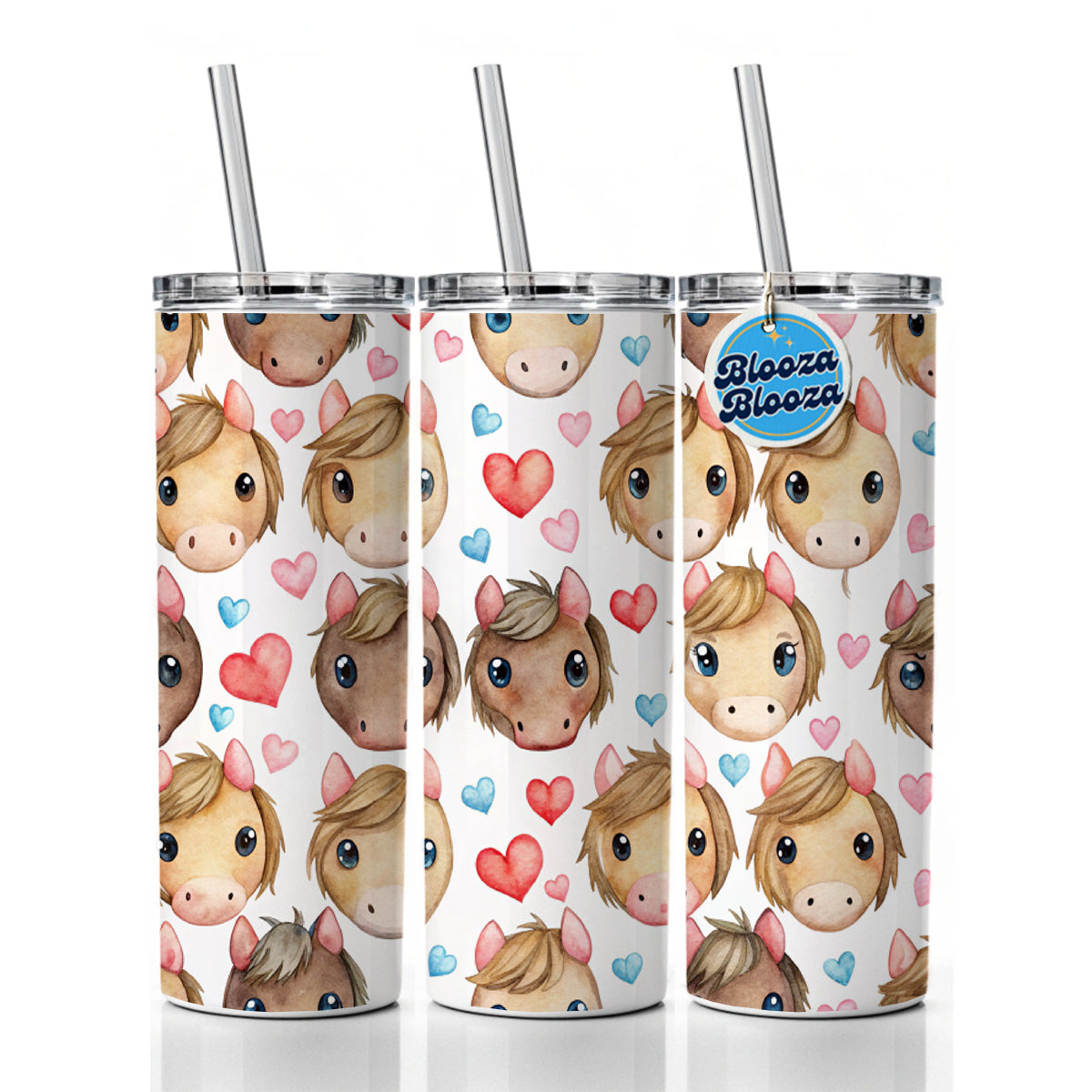 Cute Horse Faces Hearts Watercolor Skinny Tumbler 20oz with Straw Insulated Water Bottle Gift