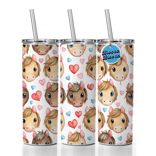 Cute Horse Faces Hearts Watercolor Skinny Tumbler 20oz with Straw Insulated Water Bottle Gift