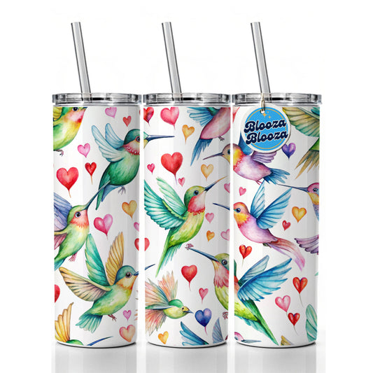 Cute Hummingbirds Hearts Watercolor Skinny Tumbler 20oz with Straw Insulated Water Bottle Gift