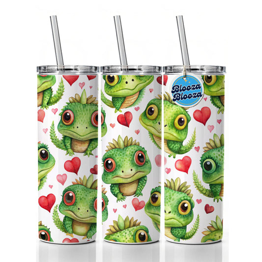 Cute Iguanas Hearts Watercolor Skinny Tumbler 20oz with Straw Insulated Water Bottle Gift