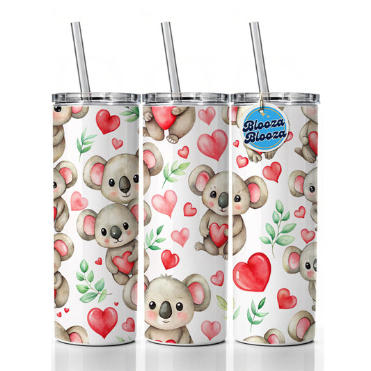 Cute Koala Bears Hearts Watercolor Skinny Tumbler 20oz with Straw Insulated Water Bottle Gift