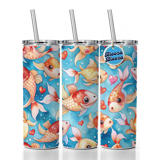 Cute Koi Fishes Hearts Watercolor Skinny Tumbler 20oz with Straw Insulated Water Bottle Gift