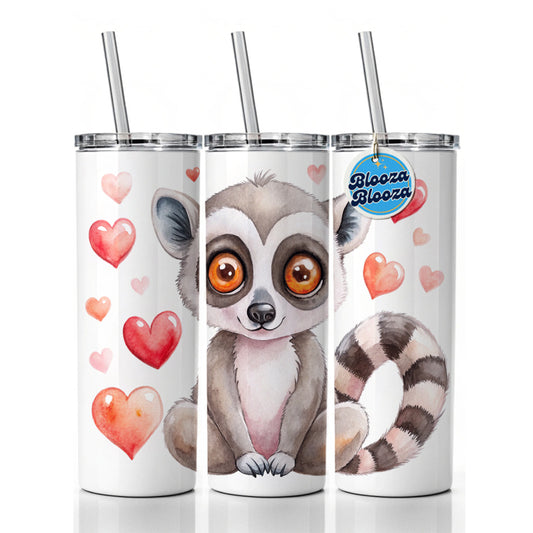 Cute Lemur Hearts Watercolor Skinny Tumbler 20oz with Straw Insulated Water Bottle Gift