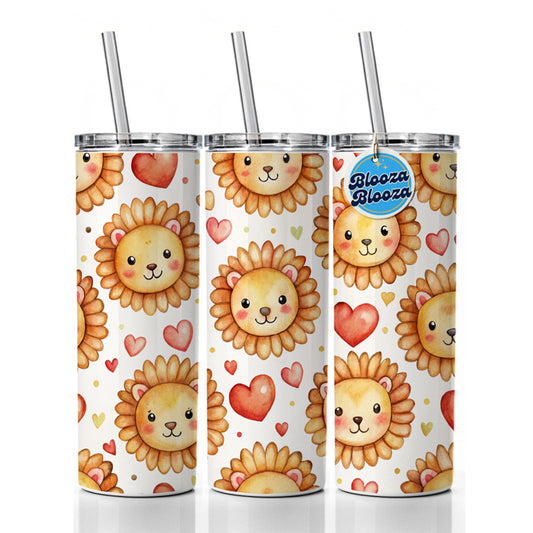 Cute Lion Faces Hearts Watercolor Skinny Tumbler 20oz with Straw Insulated Water Bottle Gift