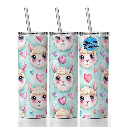 Cute Llama Faces Hearts Watercolor Skinny Tumbler 20oz with Straw Insulated Water Bottle Gift